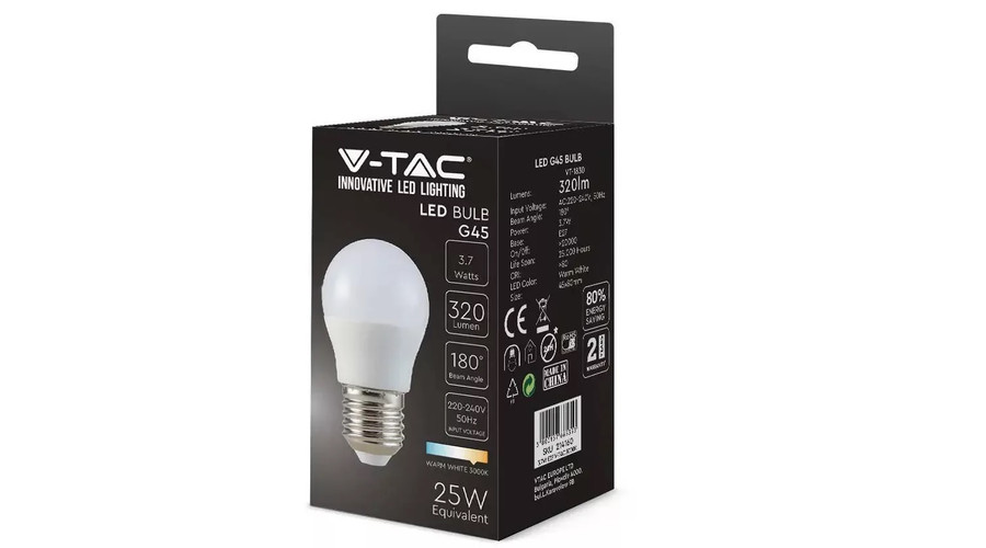 V-TAC E27 G45 kisgömb LED 3,7W (=25W) 3000K VT-1830 / SKU-214160